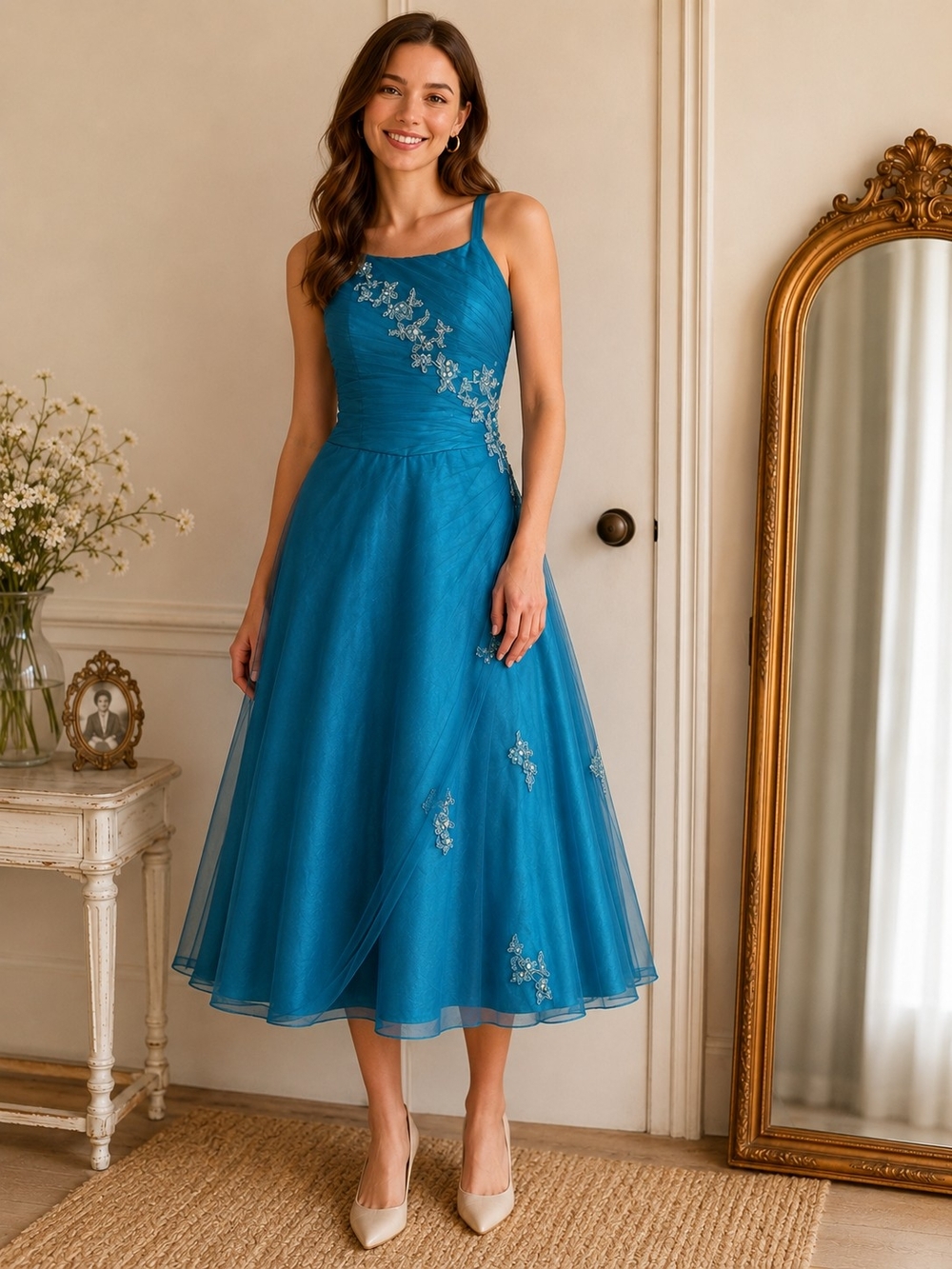Tiffany Designs Gown, Size S Midi, Teal, Embellished, Tulle Skirt